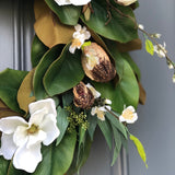 Personalized Magnolia Wreath | Handmade Magnolia Wreath | White Blooms and Green Leaves | Front Door Decor