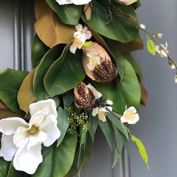 Personalized Magnolia Wreath | Handmade Magnolia Wreath | White Blooms and Green Leaves | Front Door Decor