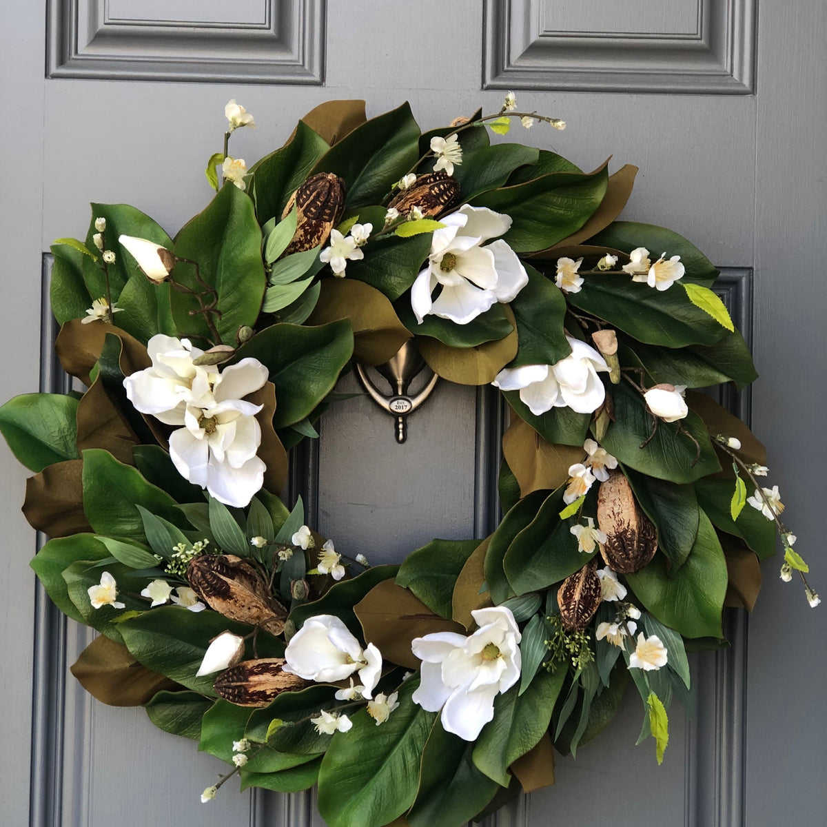 Handmade Magnolia Wreath, White Blooms and Green Leaves, Front Door Decor