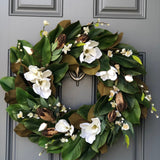 Handmade Magnolia Wreath, White Blooms and Green Leaves, Front Door Decor