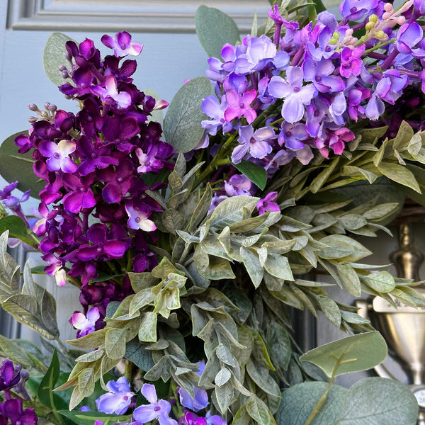 Lilac Spring Wreath with draping Eucalyptus and Ruscus on a Whitewashed Grapevine, Handmade Floral Decor, Mothers Day Gift, Housewarming