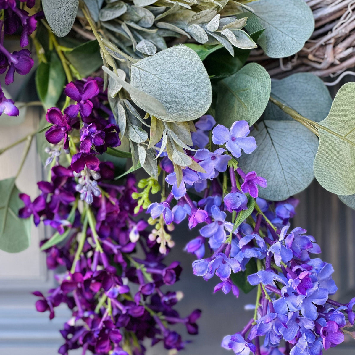 Lilac Spring Wreath with draping Eucalyptus and Ruscus on a Whitewashed Grapevine, Handmade Floral Decor, Mothers Day Gift, Housewarming