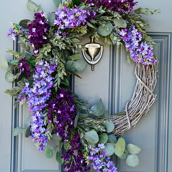 Lilac Spring Wreath with draping Eucalyptus and Ruscus on a Whitewashed Grapevine, Handmade Floral Decor, Mothers Day Gift, Housewarming