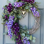 Lilac Spring Wreath with draping Eucalyptus and Ruscus on a Whitewashed Grapevine, Handmade Floral Decor, Mothers Day Gift, Housewarming