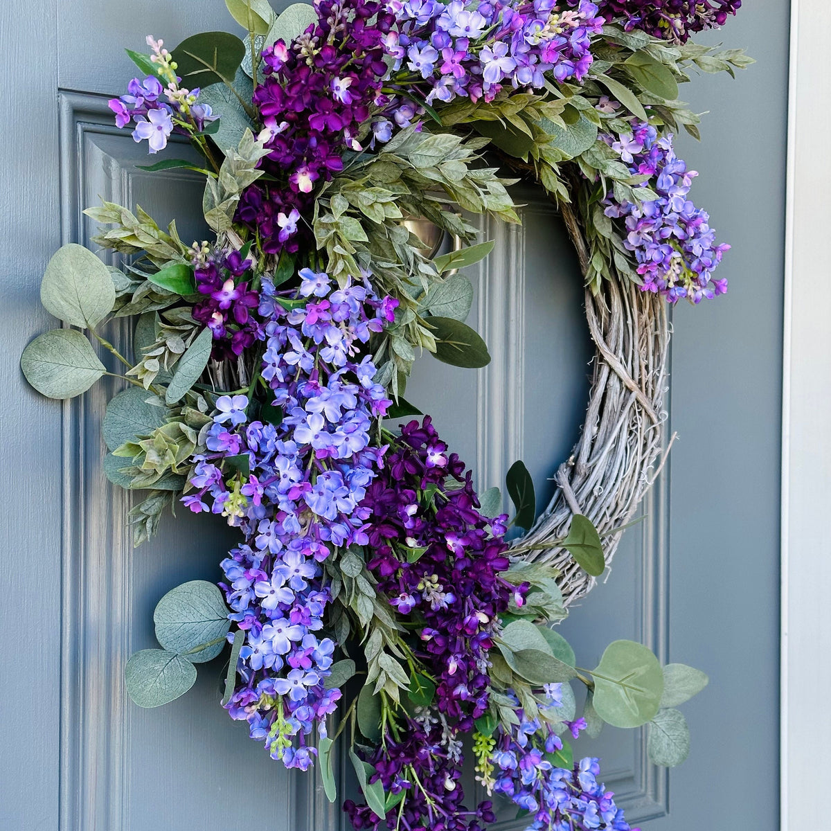 Lilac Spring Wreath with draping Eucalyptus and Ruscus on a Whitewashed Grapevine, Handmade Floral Decor, Mothers Day Gift, Housewarming