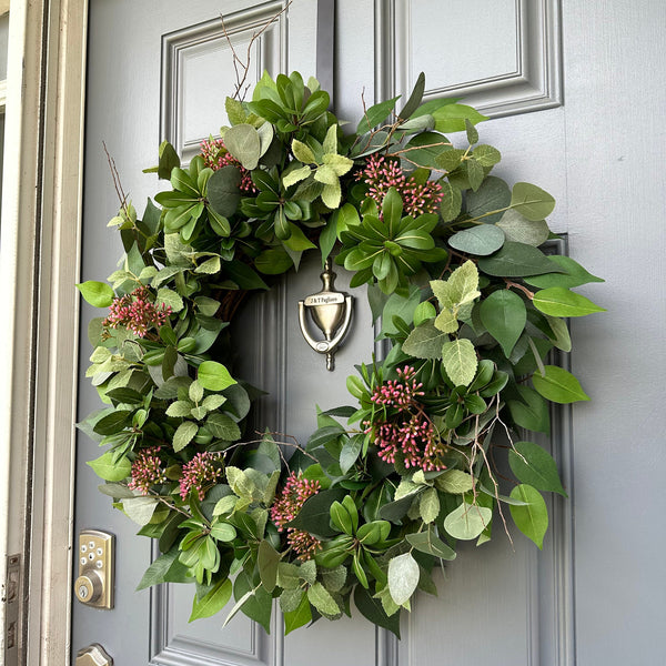 Handcrafted Faux Greenery Wreath with Pink Sedum Accents and branches - Perfect for Front Door, Multiple Seasons, comes in Three Sizes