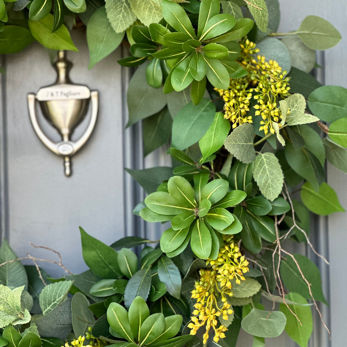 Yellow Seeded Eucalyptus Wreath, Organic Modern Door Decor