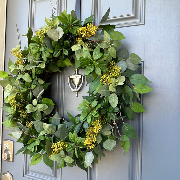 Yellow Seeded Eucalyptus Wreath, Organic Modern Door Decor