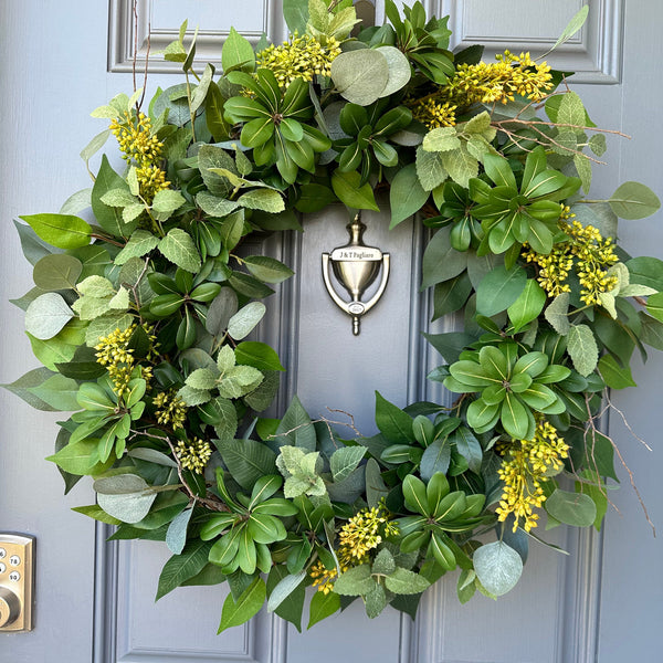 Yellow Seeded Eucalyptus Wreath, Organic Modern Door Decor
