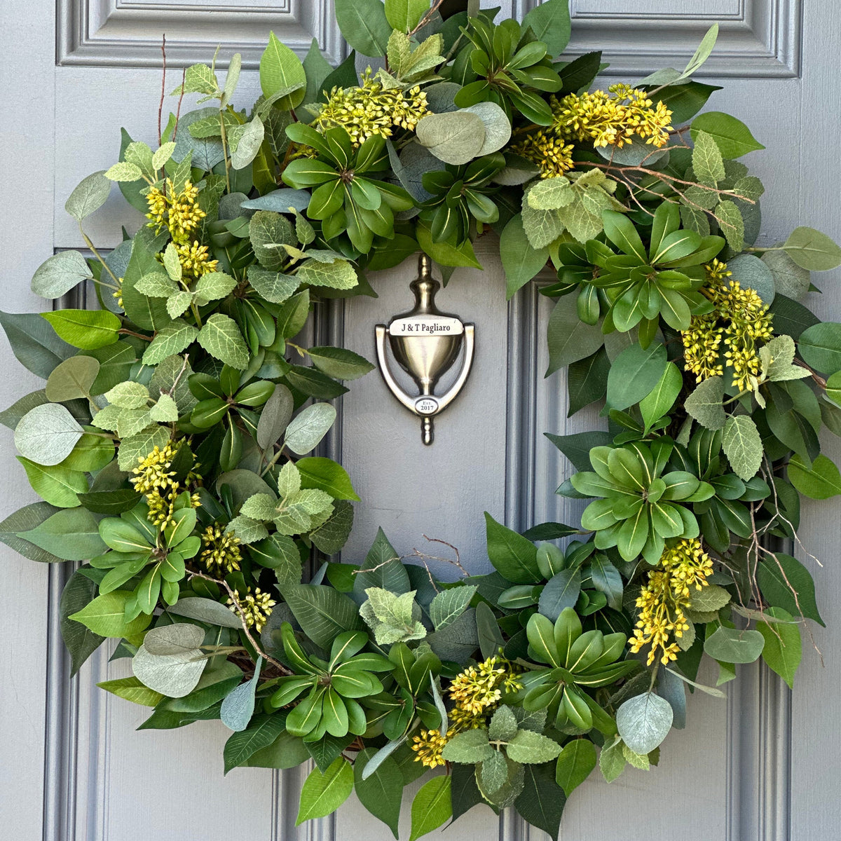 Yellow Seeded Eucalyptus Wreath, Organic Modern Door Decor