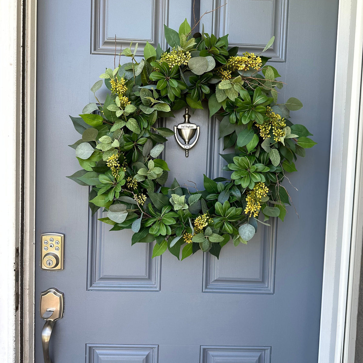 Yellow Seeded Eucalyptus Wreath, Organic Modern Door Decor