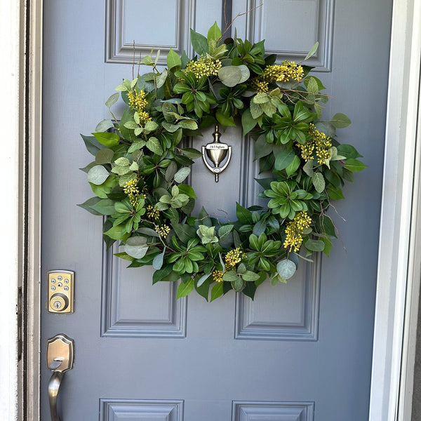 Yellow Seeded Eucalyptus Wreath, Organic Modern Door Decor