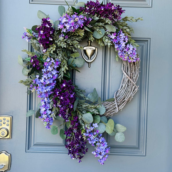 Lilac Spring Wreath with draping Eucalyptus and Ruscus on a Whitewashed Grapevine, Handmade Floral Decor, Mothers Day Gift, Housewarming