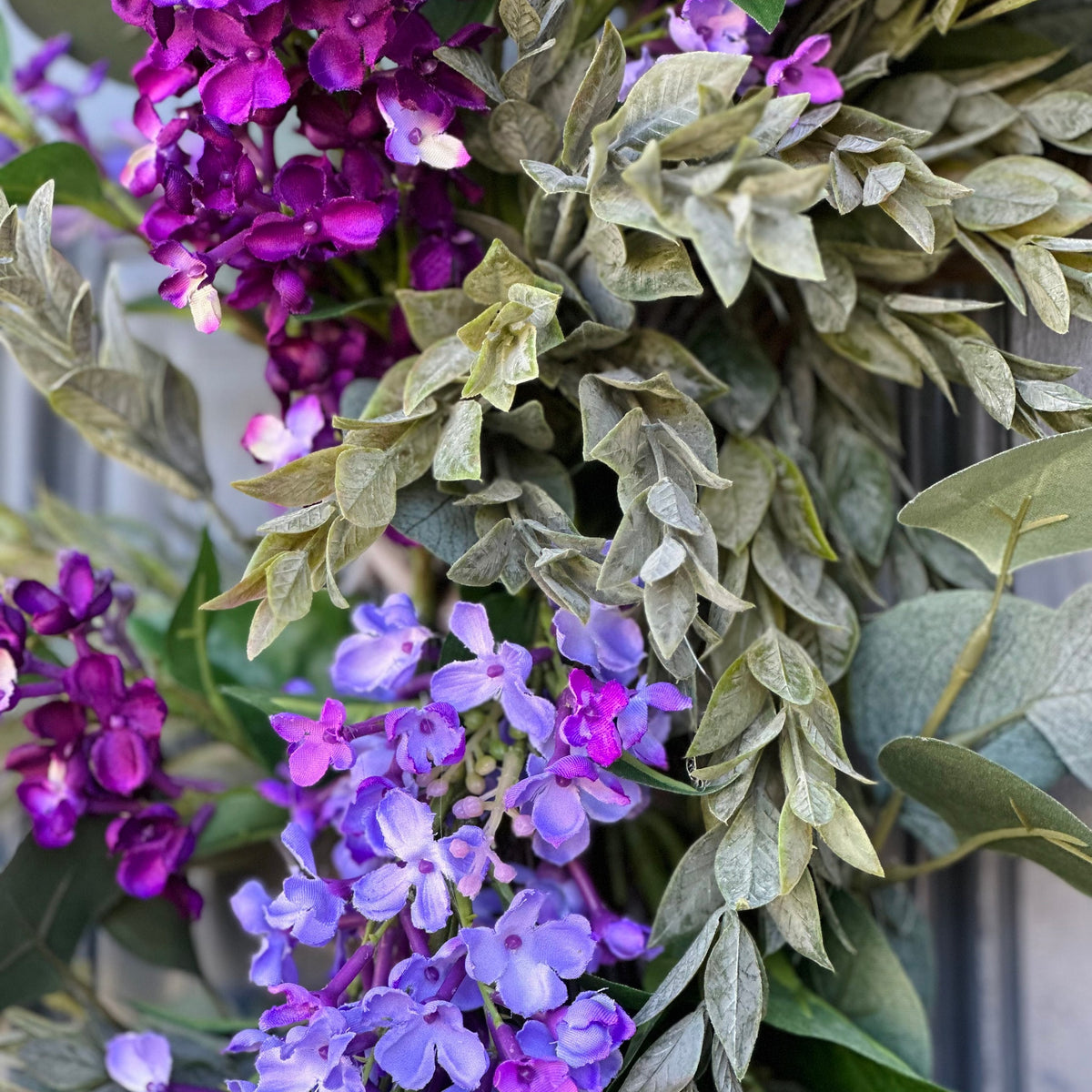 Lilac Spring Wreath with draping Eucalyptus and Ruscus on a Whitewashed Grapevine, Handmade Floral Decor, Mothers Day Gift, Housewarming