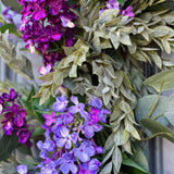 Lilac Spring Wreath with draping Eucalyptus and Ruscus on a Whitewashed Grapevine, Handmade Floral Decor, Mothers Day Gift, Housewarming