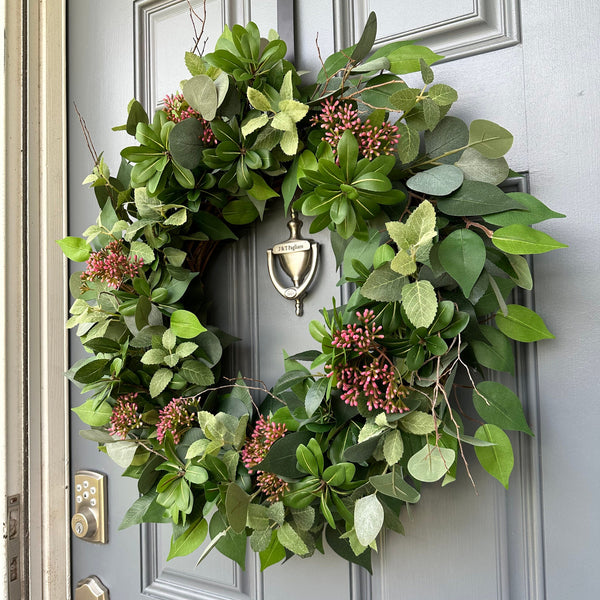 Handcrafted Faux Greenery Wreath with Pink Sedum Accents and branches - Perfect for Front Door, Multiple Seasons, comes in Three Sizes