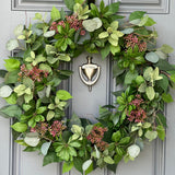 Handcrafted Faux Greenery Wreath with Pink Sedum Accents and branches - Perfect for Front Door, Multiple Seasons, comes in Three Sizes