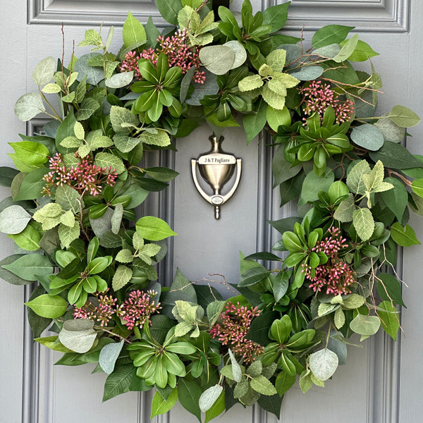 Handcrafted Faux Greenery Wreath with Pink Sedum Accents and branches - Perfect for Front Door, Multiple Seasons, comes in Three Sizes