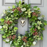 Handcrafted Faux Greenery Wreath with Pink Sedum Accents and branches - Perfect for Front Door, Multiple Seasons, comes in Three Sizes