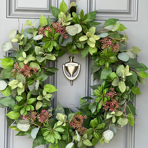 Handcrafted Faux Greenery Wreath with Pink Sedum Accents and branches - Perfect for Front Door, Multiple Seasons, comes in Three Sizes