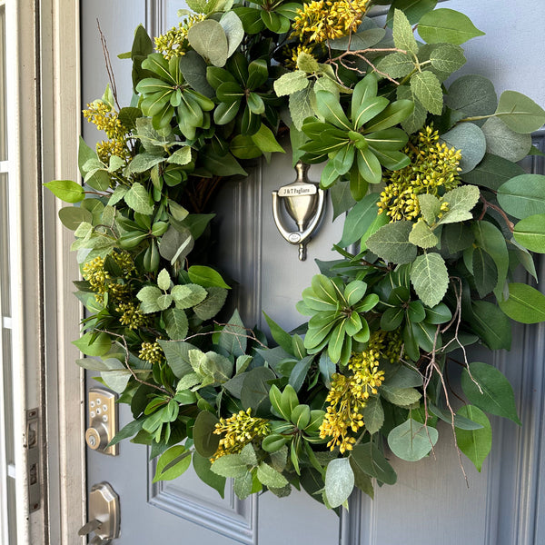 Yellow Seeded Eucalyptus Wreath, Organic Modern Door Decor