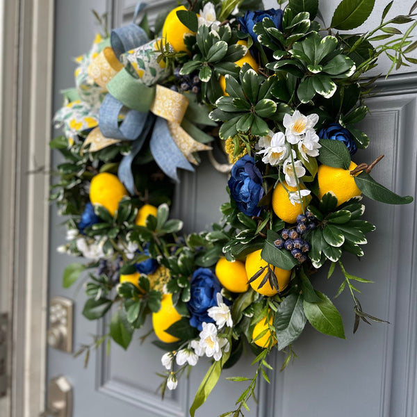 Lemon and Blueberry Wreath, Spring Front Door Decor, Cottagecore