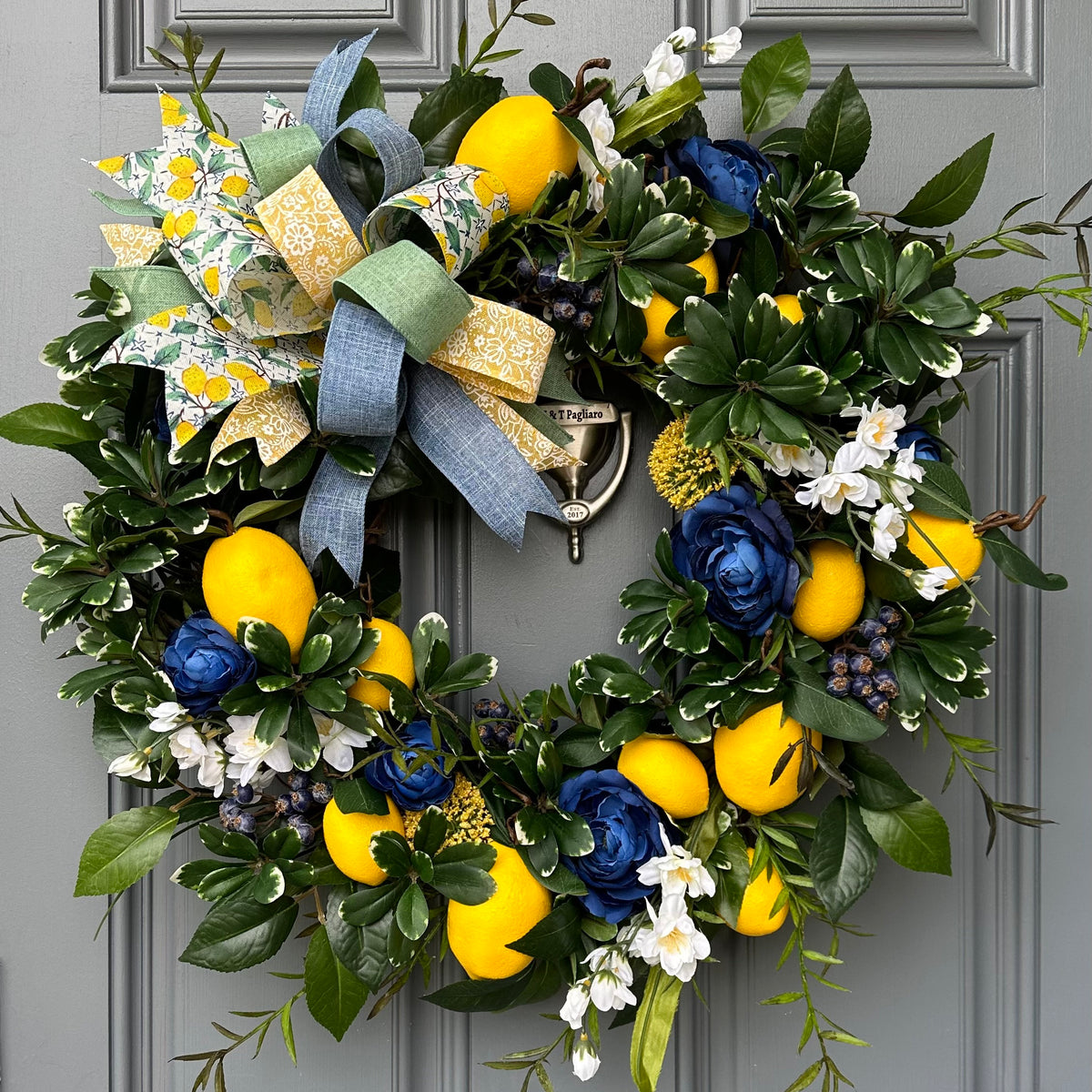 Lemon and Blueberry Wreath, Spring Front Door Decor, Cottagecore