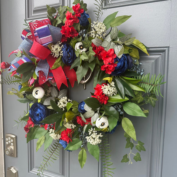 Fourth of July Wreath | Patriotic Red White Blue Front Door Decor | Rustic Americana Summer Wreath