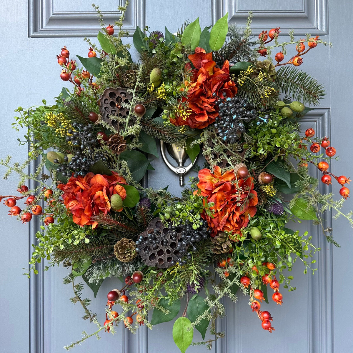 Rustic Fall Hydrangea Wreath, Thanksgiving Front Door Decor