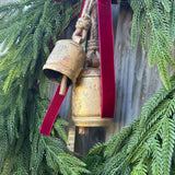 Norfolk Pine Wreath, Brass Bells, Cranberry Velvet Ribbon, Winter Decor