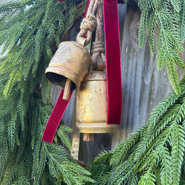 Norfolk Pine Wreath, Brass Bells, Cranberry Velvet Ribbon, Winter Decor