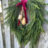 Norfolk Pine Wreath, Brass Bells, Cranberry Velvet Ribbon, Winter Decor