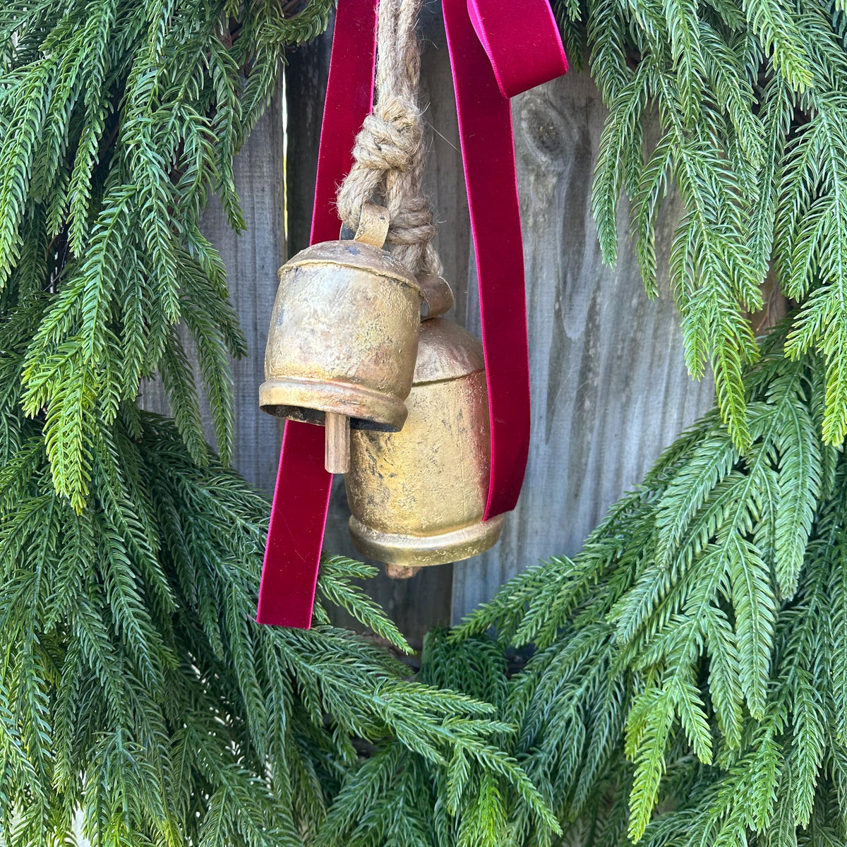 Norfolk Pine Wreath, Brass Bells, Cranberry Velvet Ribbon, Winter Decor