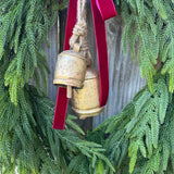 Norfolk Pine Wreath, Brass Bells, Cranberry Velvet Ribbon, Winter Decor