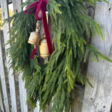 Norfolk Pine Wreath, Brass Bells, Cranberry Velvet Ribbon, Winter Decor