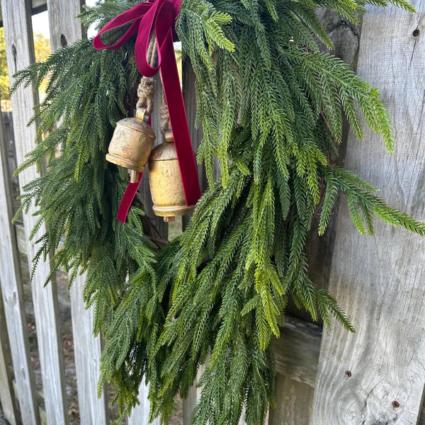 Norfolk Pine Wreath, Brass Bells, Cranberry Velvet Ribbon, Winter Decor