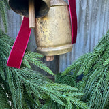 Norfolk Pine Wreath, Brass Bells, Cranberry Velvet Ribbon, Winter Decor