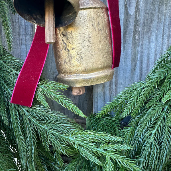 Norfolk Pine Wreath, Brass Bells, Cranberry Velvet Ribbon, Winter Decor