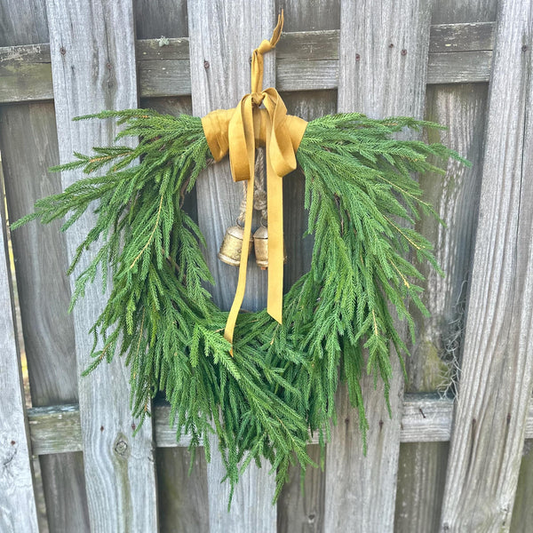 Norfolk pine front door wreath with brass bells, winter wreath, Christmas door wreath, gift for home decor lovers, perfect for winter season