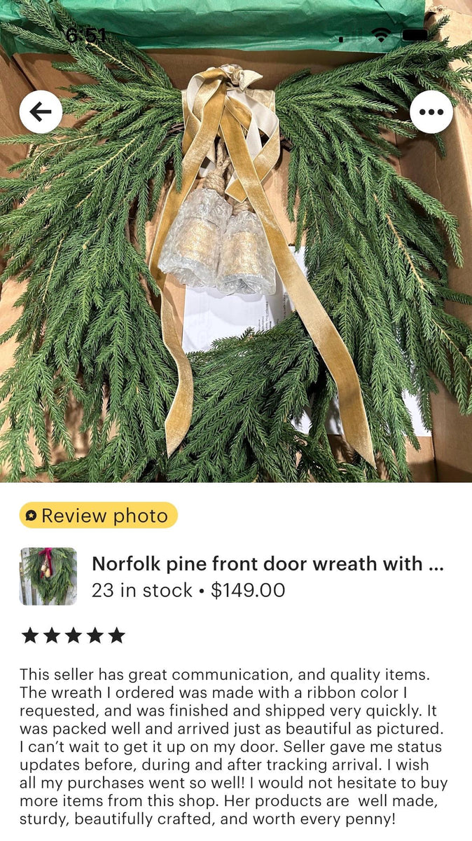 Norfolk pine front door wreath with brass bells, winter wreath, Christmas door wreath, gift for home decor lovers, perfect for winter season