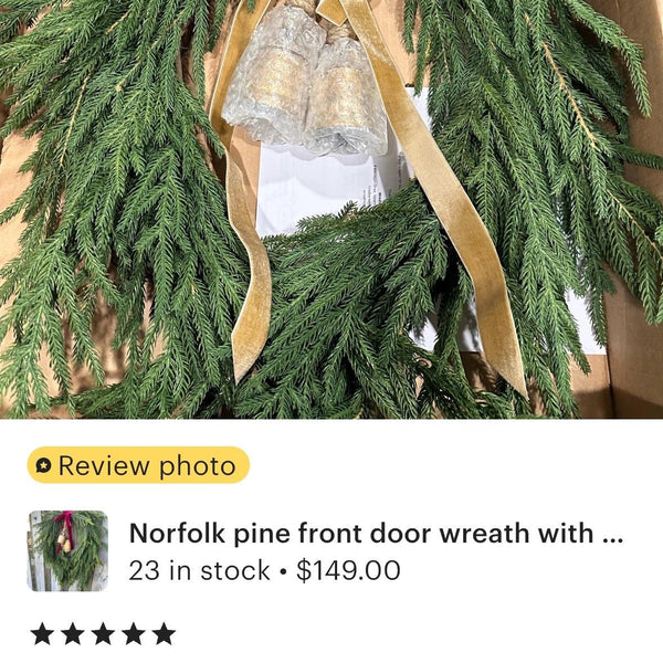 Norfolk pine front door wreath with brass bells, winter wreath, Christmas door wreath, gift for home decor lovers, perfect for winter season