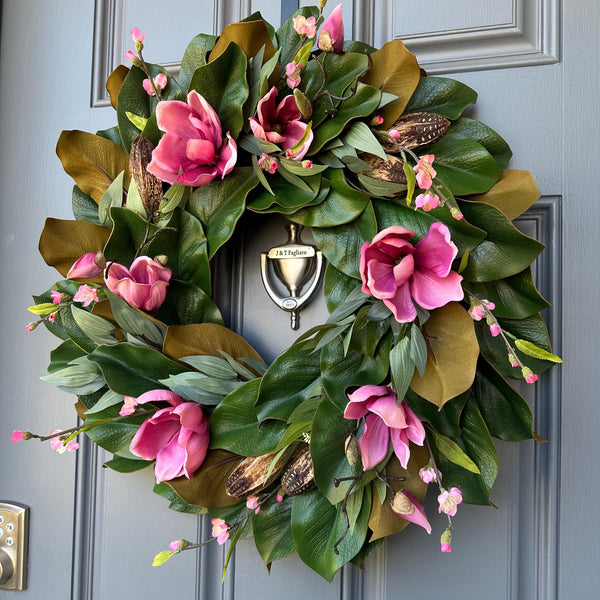 Magnolia Front Door Wreath, Pink Blooms, Handmade Southern Decor