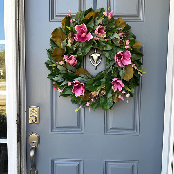 Magnolia Front Door Wreath, Pink Blooms, Handmade Southern Decor