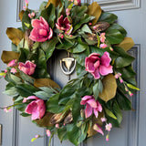 Magnolia Front Door Wreath, Pink Blooms, Handmade Southern Decor