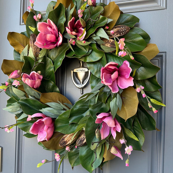 Magnolia Front Door Wreath, Pink Blooms, Handmade Southern Decor