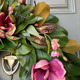 Magnolia Front Door Wreath, Pink Blooms, Handmade Southern Decor