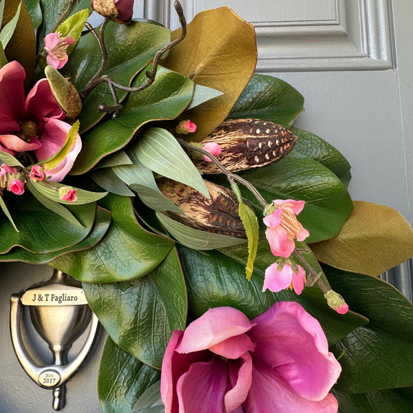 Magnolia Front Door Wreath, Pink Blooms, Handmade Southern Decor