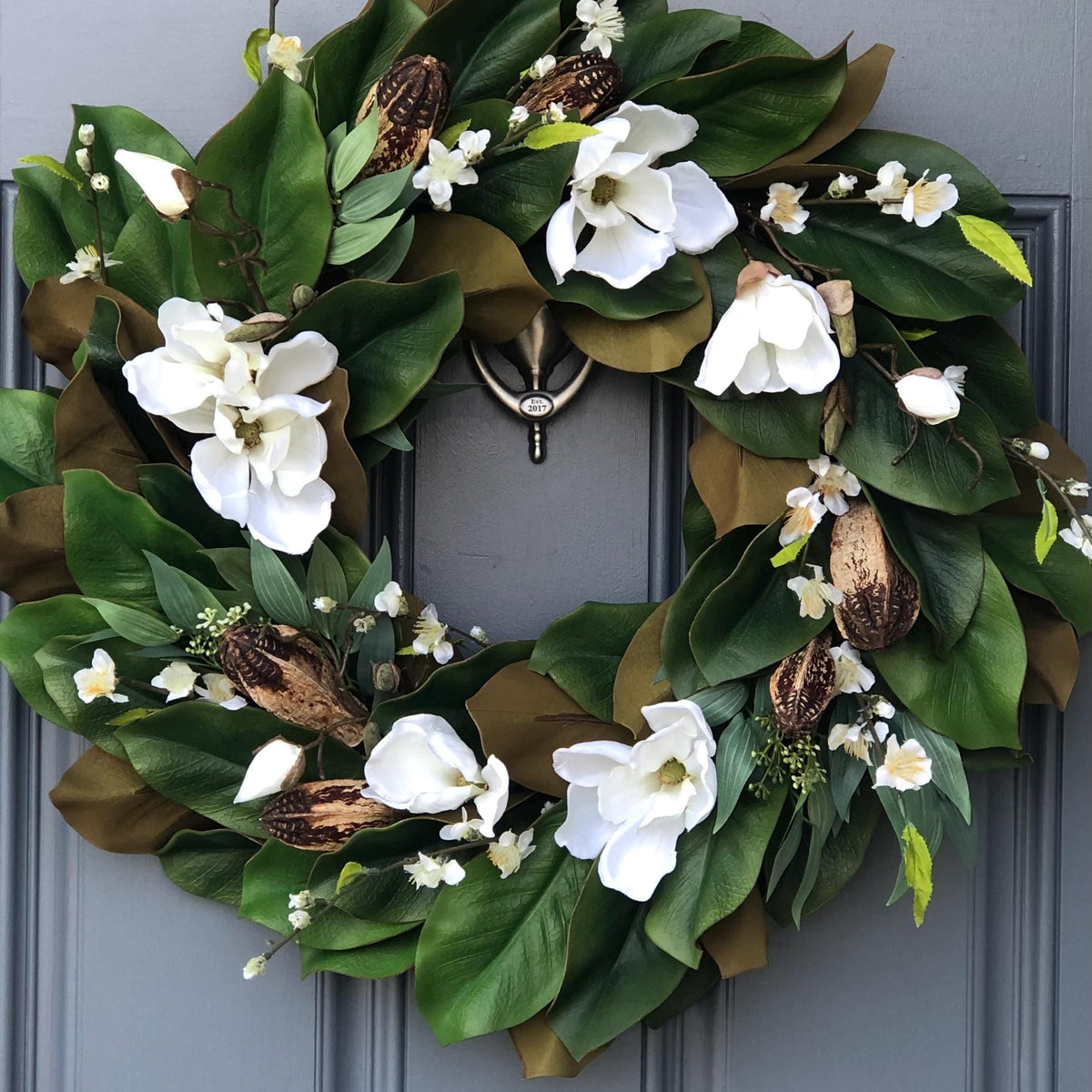 Magnolia Front Door Wreath, Pink Blooms, Handmade Southern Decor