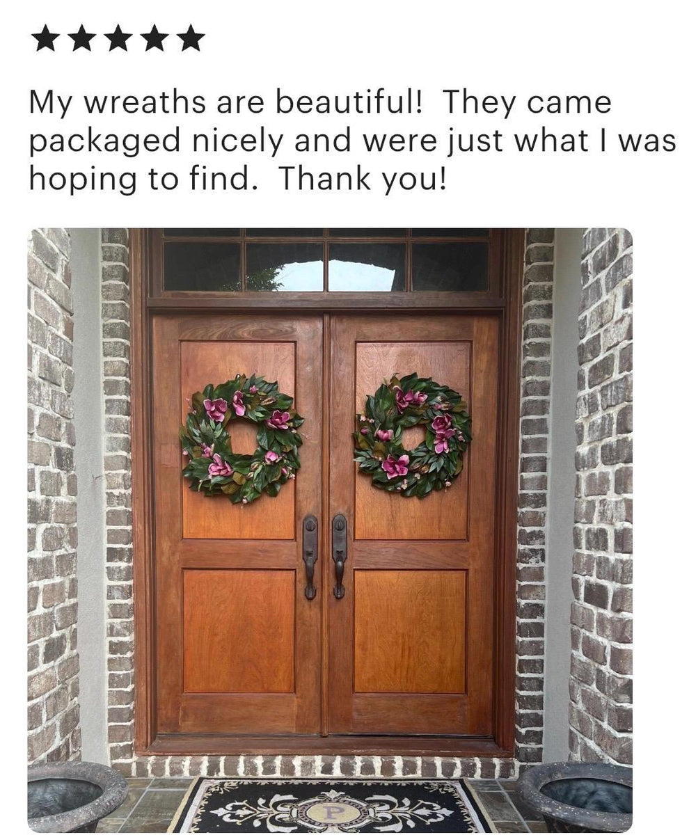 Magnolia Front Door Wreath, Pink Blooms, Handmade Southern Decor