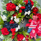 Patriotic Grapevine Wreath, Red White Blue Floral, 4th of July Decor